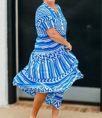 Multiples Puff Sleeve Tie Band Collar Dress With Rib-rac Hem In Blue & White