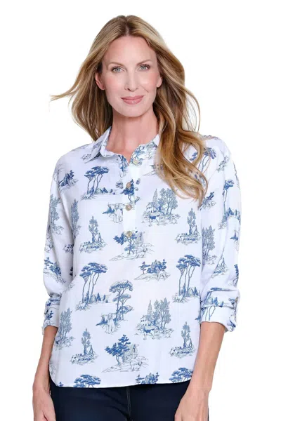 Multiples Roll Tab Cuff Long Sleeve High-low Shirt Top - Plus In Chambray Print In Blue