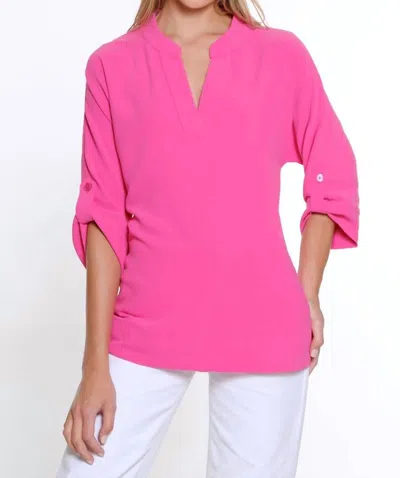 Multiples Roll Tab Cuffed Dolman Sleeve Y-neck Top In Fuchsia In Pink