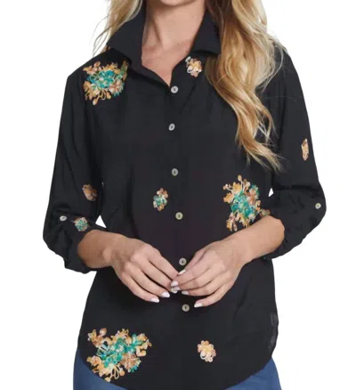 Multiples Roll Tab Long Sleeve Button Front Hi-lo Shirt With Embroidery In Black