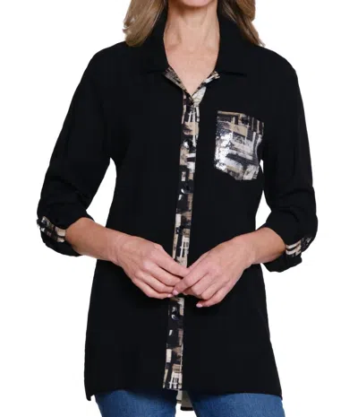 MULTIPLES ROLL TAB LONG SLEEVE HI-LO BUTTON FRONT IN MULTI