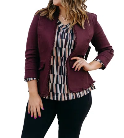 Multiples Rolled Long Sleeve Stand Collar Open Front Jacket In Auburn In Red