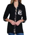 Multiples Roll Tab Long Sleeve Hi-lo Button Front In Multi In Black