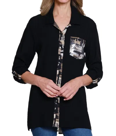 MULTIPLES ROLL-TAB SLEEVE BLOUSE IN BLACK MULTI