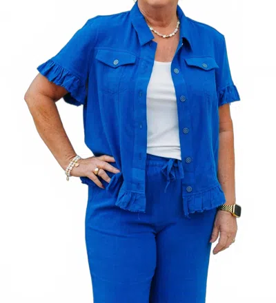 Multiples Ruffle Short Sleeve Ruffle Hem Solid Texture Top In Blue