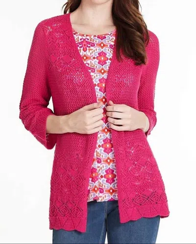 Multiples Scallop Edge Crochet Sweater Cardigan In Fuschia In Pink