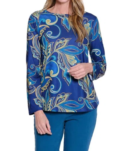 Multiples Shaped Hem Long Sleeve Scoop Neck Top In Blue In Multi