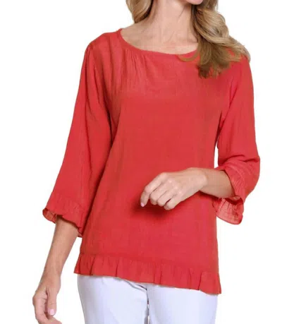 Multiples Sleeve Scoop Ruffle Hi-lo Solid Crinkle Woven Top In Poppy In Red