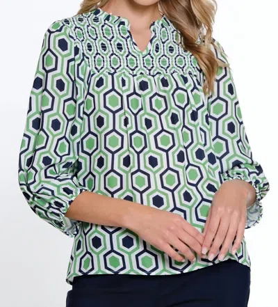 Multiples Smocked Woven Top In Green/navy