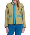 Multiples Stand Collar Button Quilted Solid Cord Lined Jacket In Olive Multi In Yellow