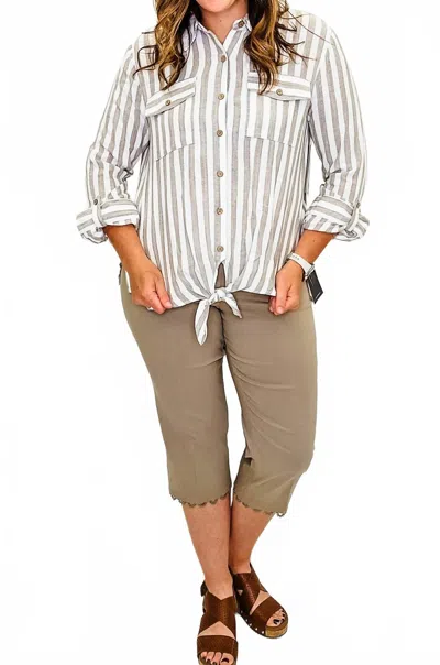 Multiples Stone Linen Striped Top With Tie Waist In Grey & White In Blue