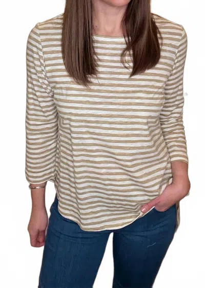 Multiples Striped 3/4 Sleeve Round Neck Top In Taupe In Brown