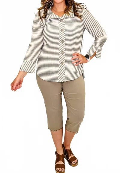 Multiples Striped Collared Top In Stone & White In Brown