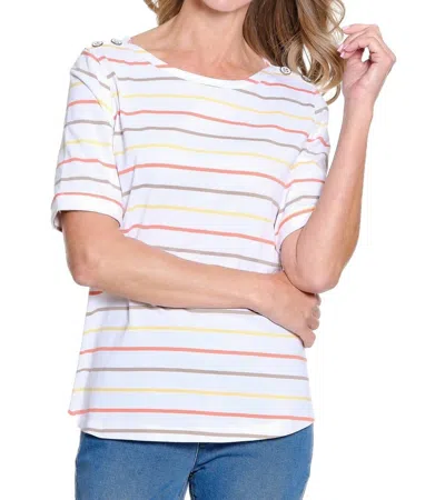 MULTIPLES STRIPED JERSEY KNIT BATEAU NECK TOP IN WHITE MULTI