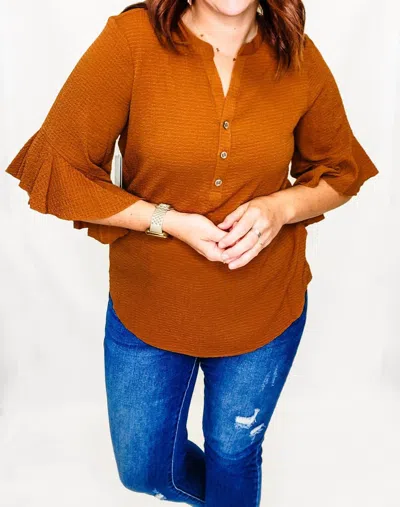 Multiples Three Quarter Ruffle Sleeve Top In October Rust In Brown