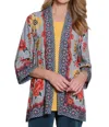 Multiples Three-quarter Sleeve Banded Open Front Jacket In Grey/coral/yellow Floral In Multi