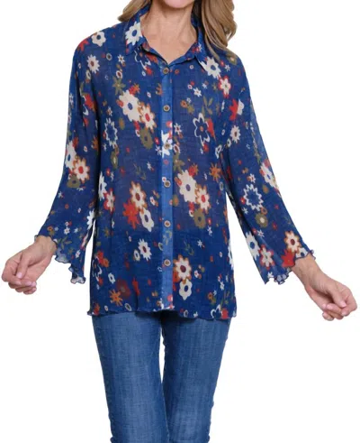 Multiples Three-quarter Sleeve Button Front Pleated Shirt In Navy Floral Print In Blue