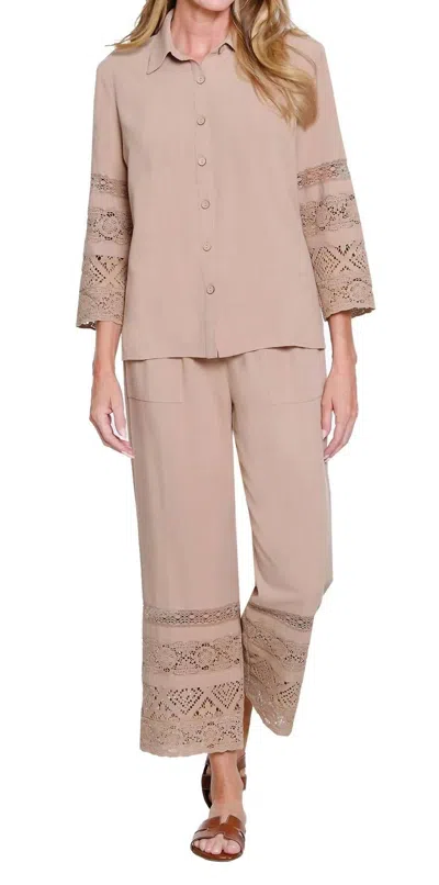 Multiples Three Quarter Sleeve Button Front Shirt With Lace Trim In Khaki In Brown