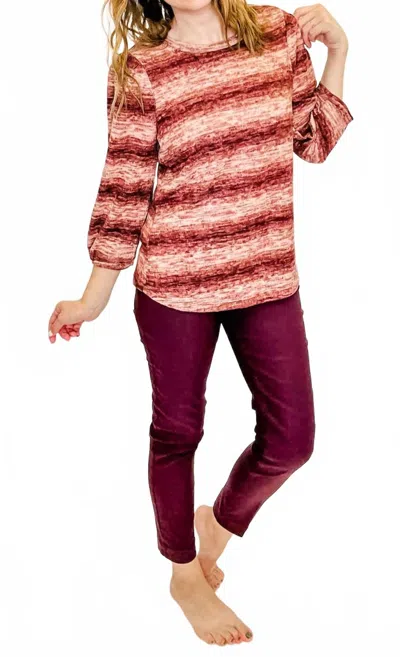 Multiples Three Quarter Tuck Sleeve Top In Auburn, Maroon, Cream In Multi