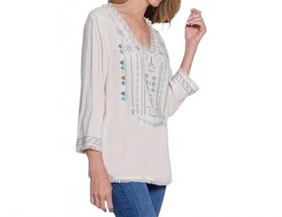 Multiples Three Quarters Sleeve V Neck Embroidered Top In Multi In White