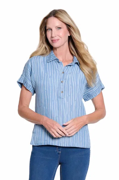 Multiples Twill And Print Denim Popover Top In Light Indigo In Blue