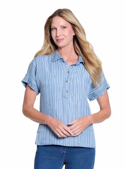 Multiples Twill Denim Popover Top In Light Indigo Print In Blue