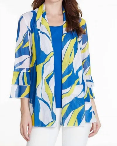 Multiples Wavy Print Onionskin Open Front Jacket In Blue/yellow In Multi