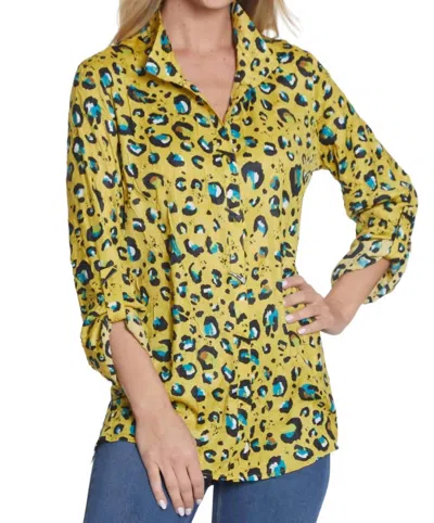 Multiples Wire Collar Cheetah Blouse In Chartreuse In Multi