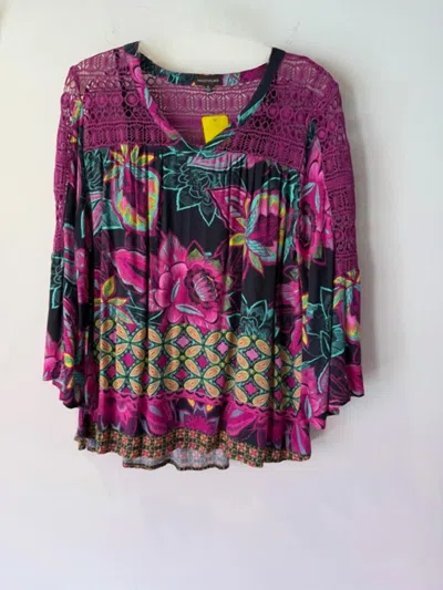 Multiples Women's Floral Boho Top With Crochet Detail In Magenta, Lime, Turquoise In Pink