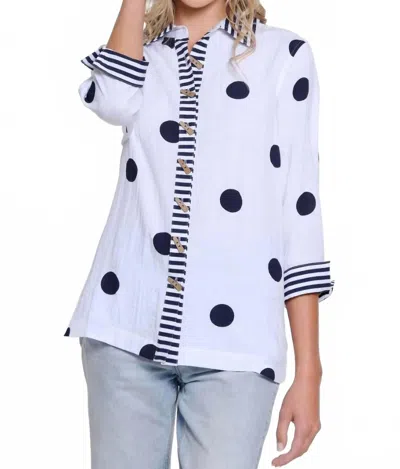 Multiples Women's Sleeve Button Front Shirt In White Navy Dots
