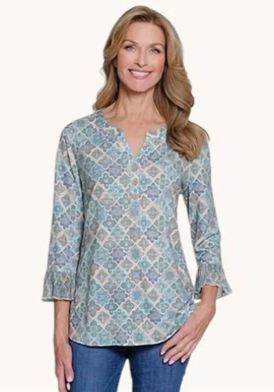 Multiples Women's Three-quarter Sleeve Pleated Blouse In Multi In Blue
