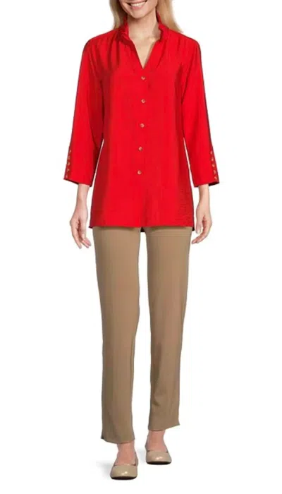 Multiples Y-neck Crinkle Woven Blouse In Ruby Red