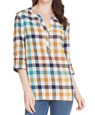 Multiples Y-neck Plaid Woven Blouse In Tan/navy/turq In Multi