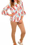 Multiples Zig Zag Three Quarter Sleeve Top In Aqua & Red In Multi
