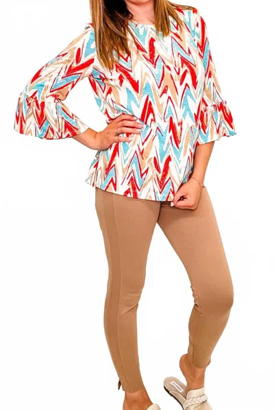 Multiples Zig Zag Three Quarter Sleeve Top In Aqua & Red In Multi