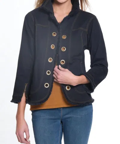 Multiples Zip Cuff 3/4 Sleeve Fringe Denim Jacket In Dark Denim In Blue