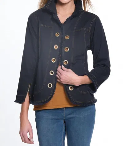 Multiples Zip Cuff 3/4 Sleeve Open Front Fringed Jean Jacket W/ Grommets In Black Denim