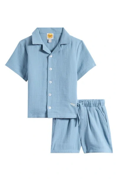 Mumzers Babies'  Kids' Blue Cotton Muslin Camp Shirt & Drawstring Shorts Set