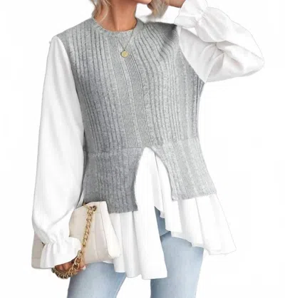 Mundefeis Flounce Sleeve Asymmetrical Hem Top In Ivory/grey In Multi