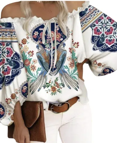 Mundefeis Printed Top In White - Peacock In Multi