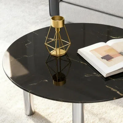 Mungo Round Tempered Glass Table Top With Print Black Marble Pattern Design,0.315"(8mm) Thick Round Polish