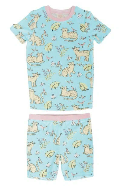 Munki Munki Kids' Jungle Kitties Fitted Two-piece Short Pyjamas In Light Green