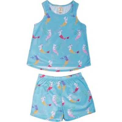 Munki Munki Kids' Mer-cat Print Two Piece Short Pajamas In Blue/green