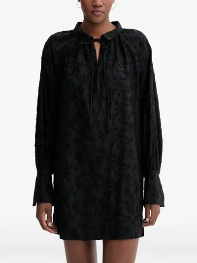Munthe Betulli Floral-embroidered Long-sleeved Tie-neck Mini Dress In Black