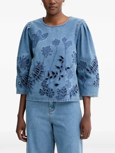 Munthe Bramble Embroidered Cut-out Denim Blouse In Blue
