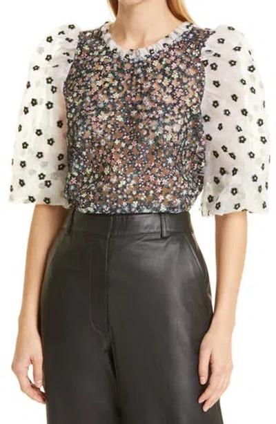 Munthe Cadi Floral Print Puff Sleeve Semisheer Top In Black