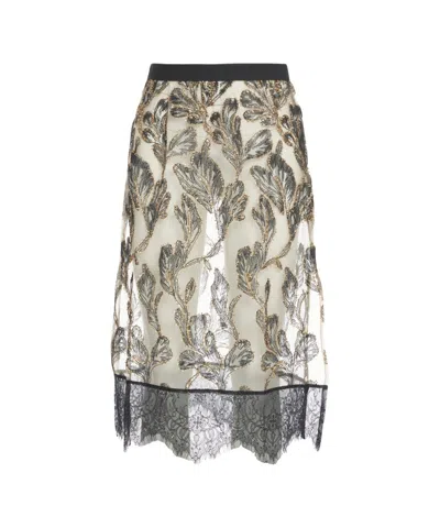 Munthe Embroidered Midi Skirt With Sheer Fabric And Lace Trim In Gray