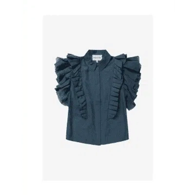 Munthe Must Frill Detail Button Up Sleeveless Top Size: 12, Col: Navy In Blue