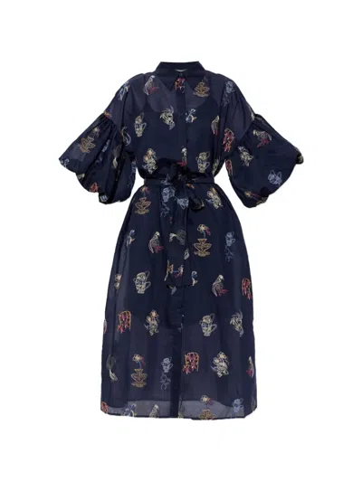 Munthe Nalmetto Embroidered Balloon-sleeve Midi Dress In Blue