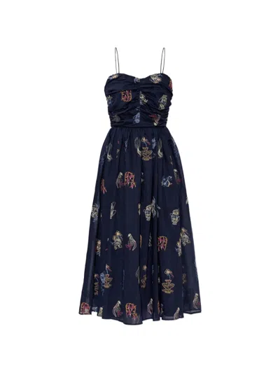 Munthe Nova Embroidered Ruched-bodice Midi Dress In Blue